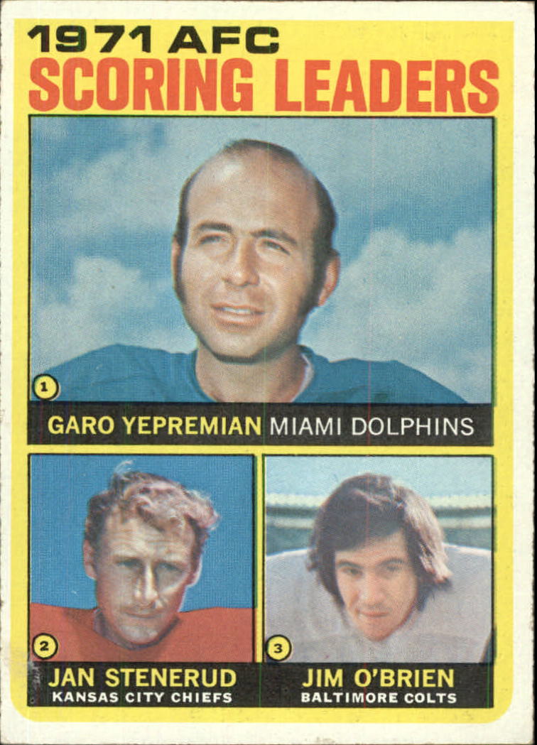 1972 Topps #7 AFC Scoring Leaders/Garo Yepremian/Jan Stenerud/Jim O'Brien
