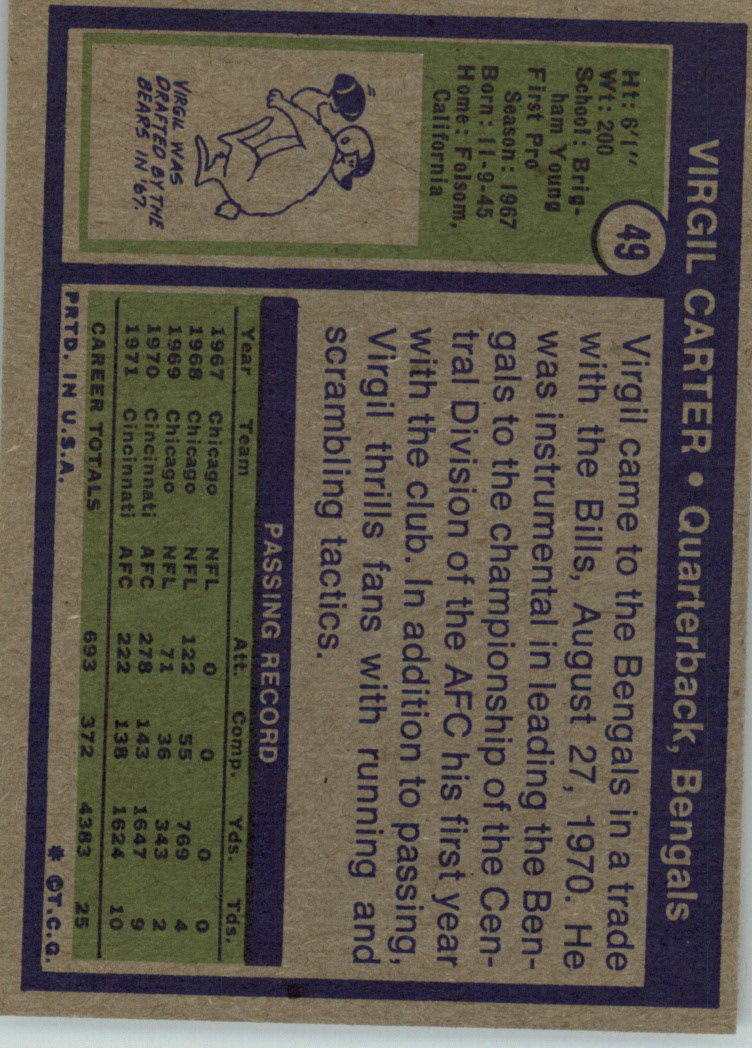 1972 Topps #49 Virgil Carter back image