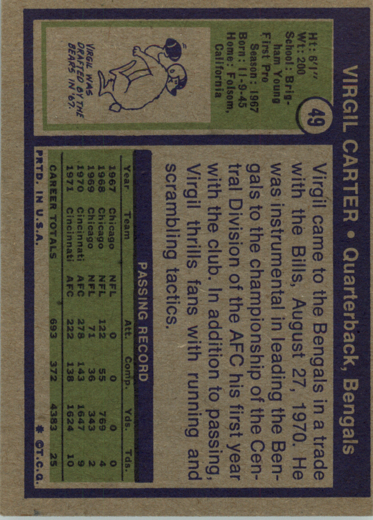 1972 Topps #49 Virgil Carter back image