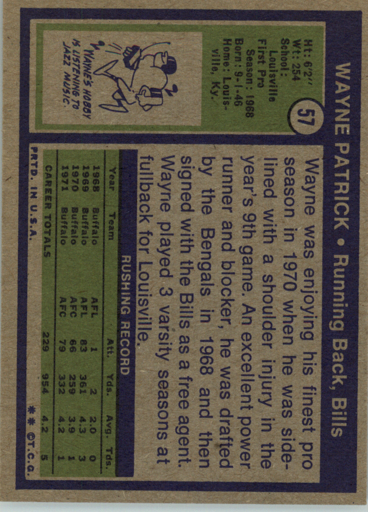1972 Topps #57 Wayne Patrick RC back image