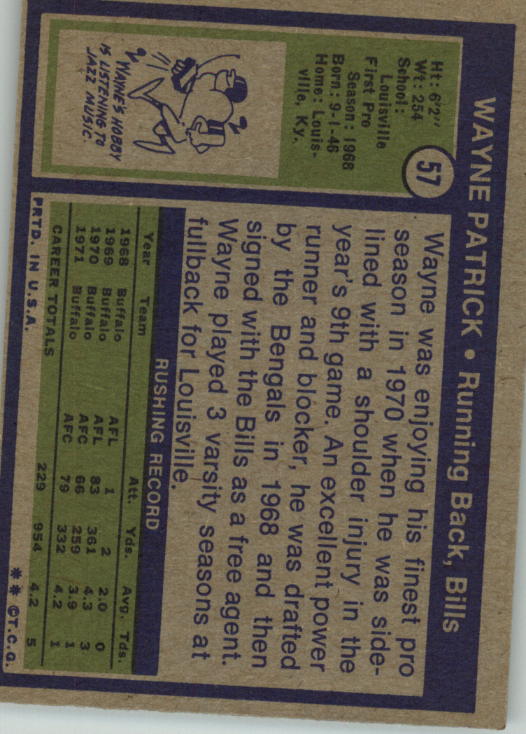 1972 Topps #57 Wayne Patrick RC back image