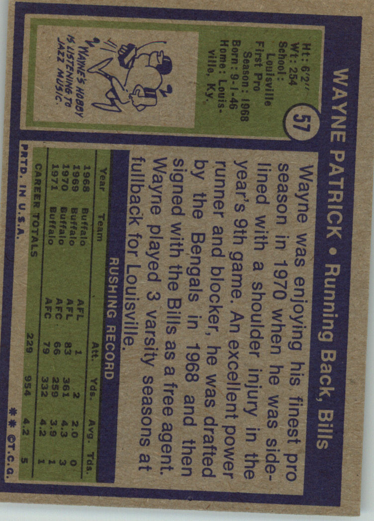 1972 Topps #57 Wayne Patrick RC back image
