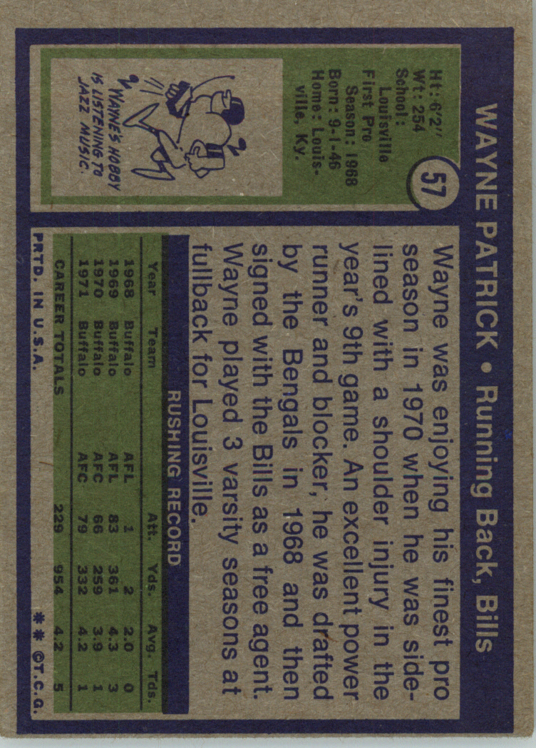 1972 Topps #57 Wayne Patrick RC back image