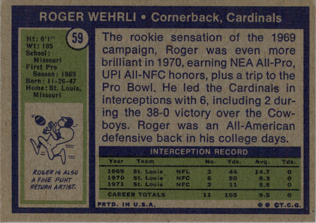 1972 Topps #59 Roger Wehrli back image