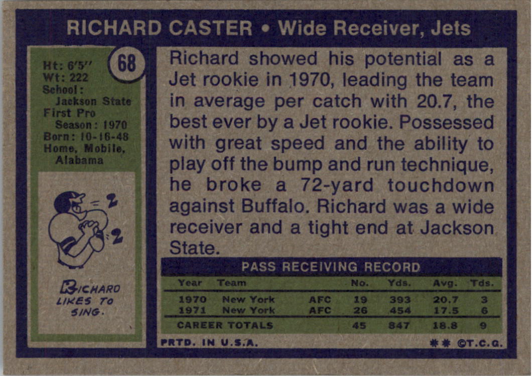 1972 Topps #68 Richard Caster RC back image