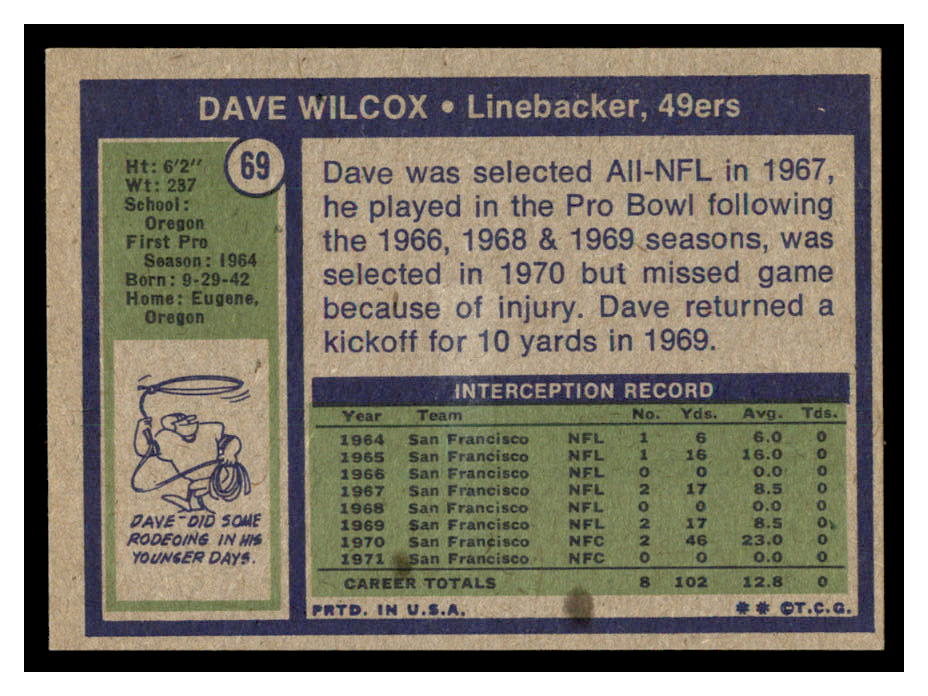 1972 Topps #69 Dave Wilcox back image
