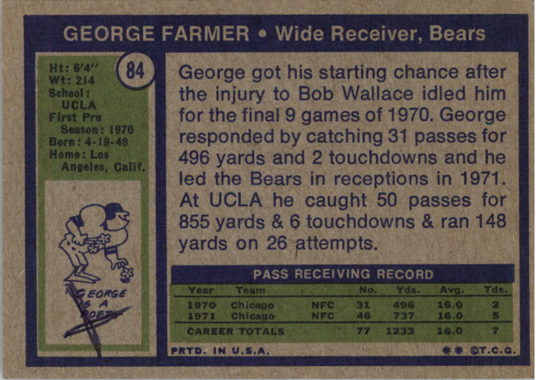1972 Topps #84 George Farmer RC back image