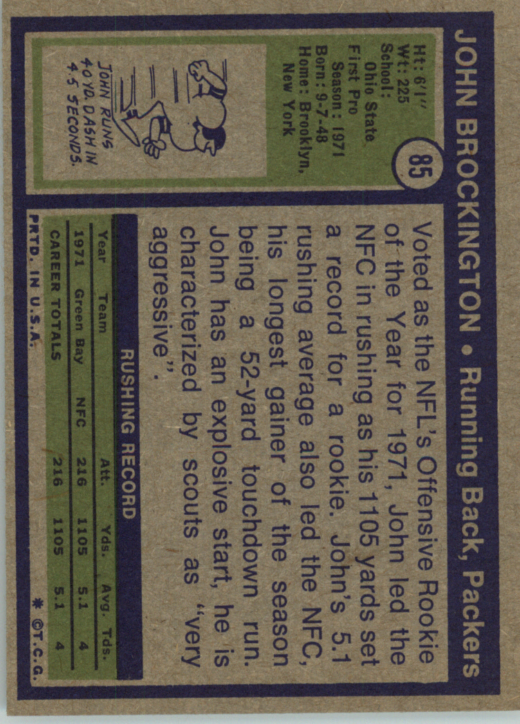 1972 Topps #85 John Brockington RC back image