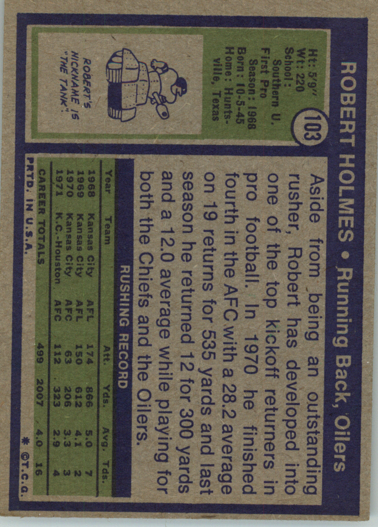 1972 Topps #103 Robert Holmes back image
