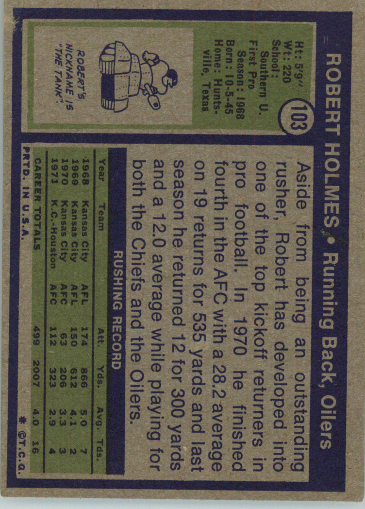 1972 Topps #103 Robert Holmes back image