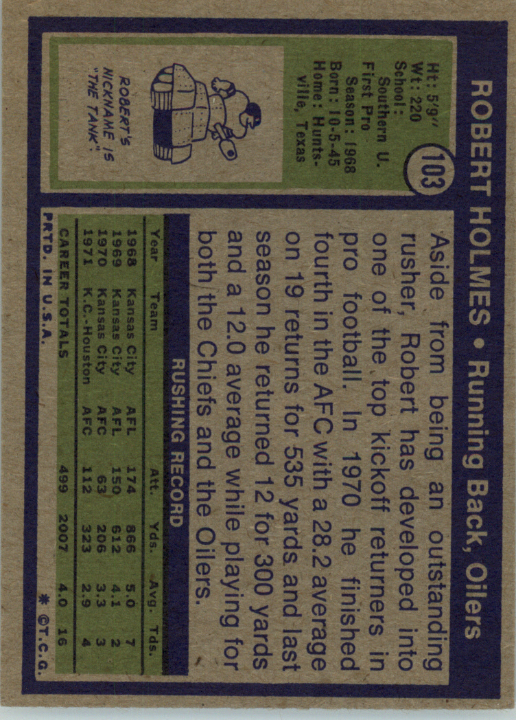 1972 Topps #103 Robert Holmes back image
