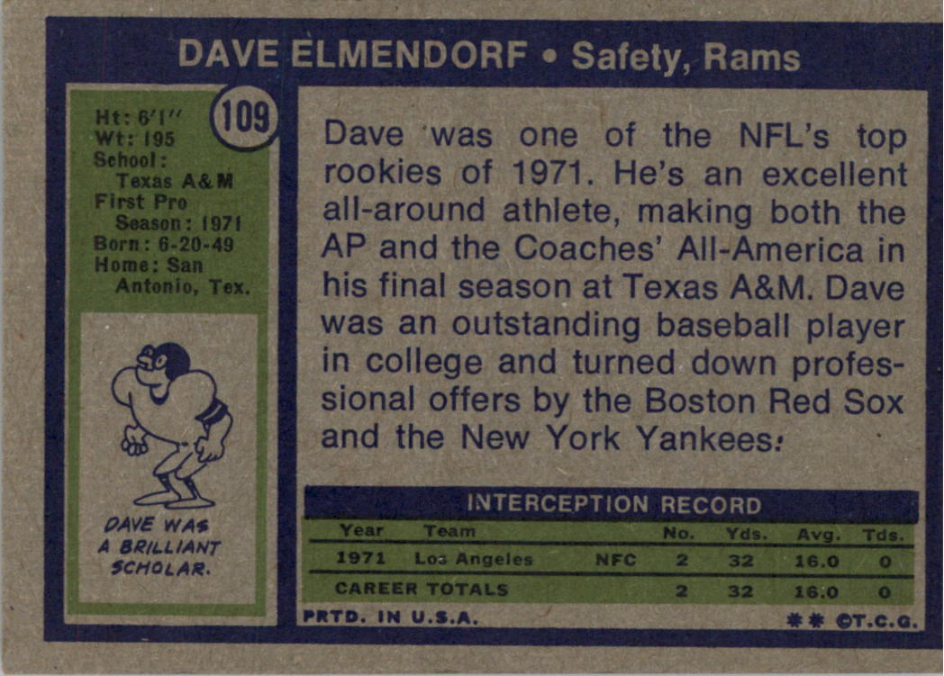 1972 Topps #109 Dave Elmendorf RC back image