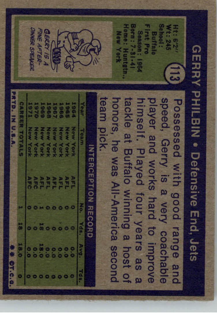 1972 Topps #113 Gerry Philbin back image