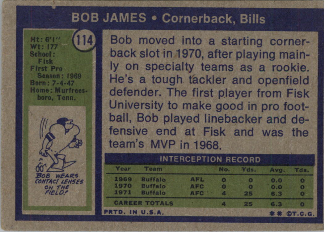 1972 Topps #114 Bob James RC back image