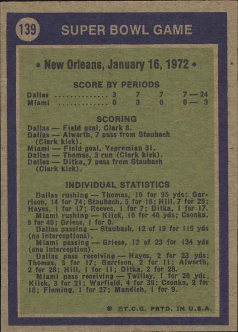 1972 Topps #139 Super Bowl/Cowboys 24,/Dolphins 3/(Roger Staubach/rolling out) back image