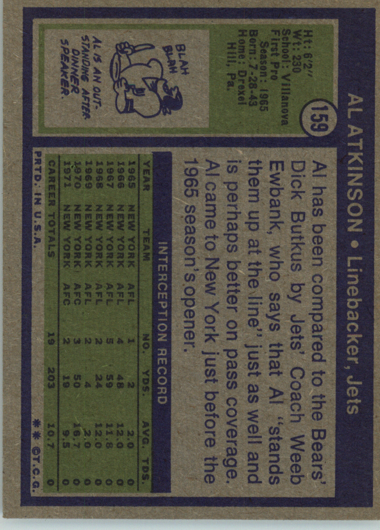 1972 Topps #159 Al Atkinson back image