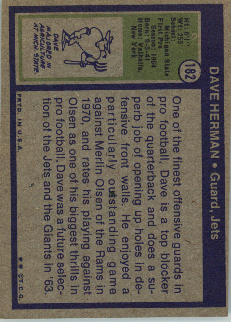 1972 Topps #182 Dave Herman back image