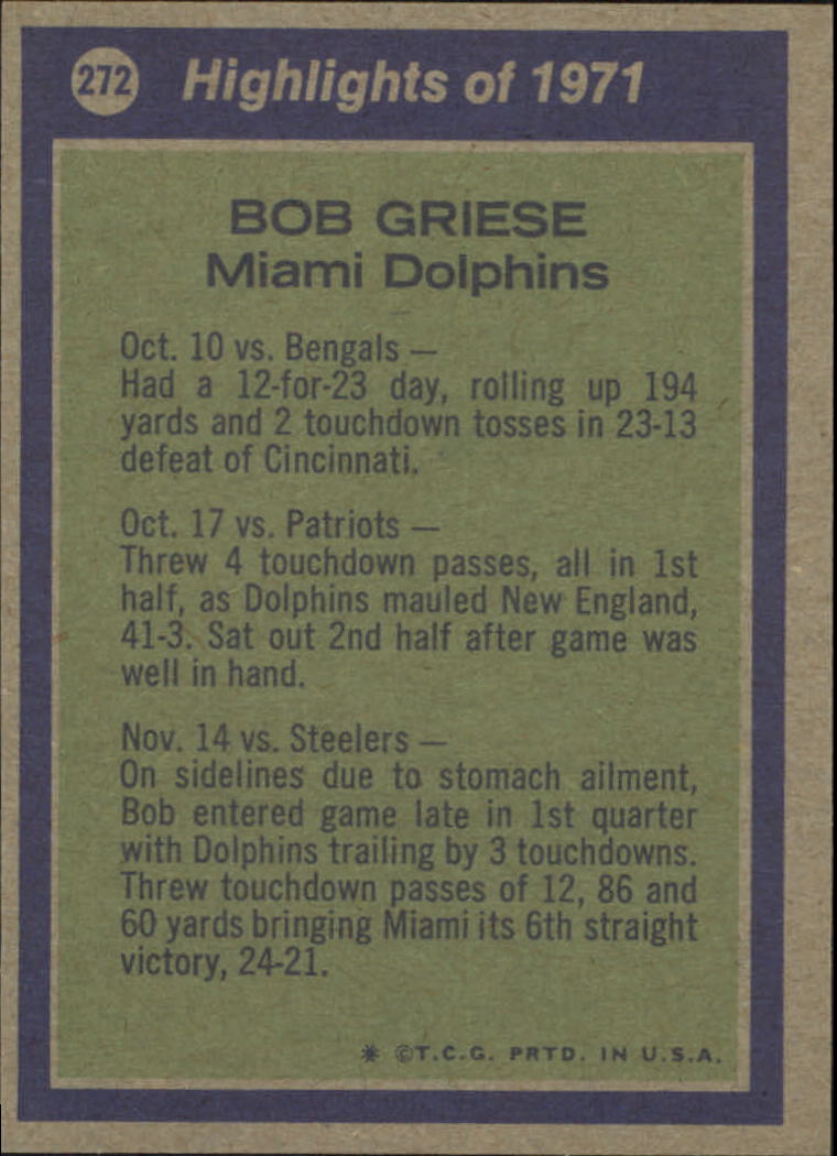 1972 Topps #272 Bob Griese AP back image