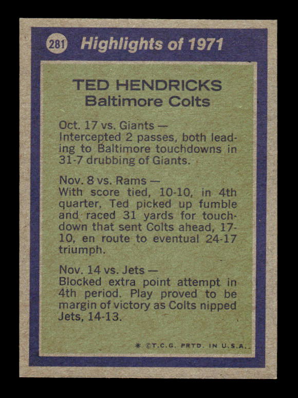 1972 Topps #281 Ted Hendricks AP back image