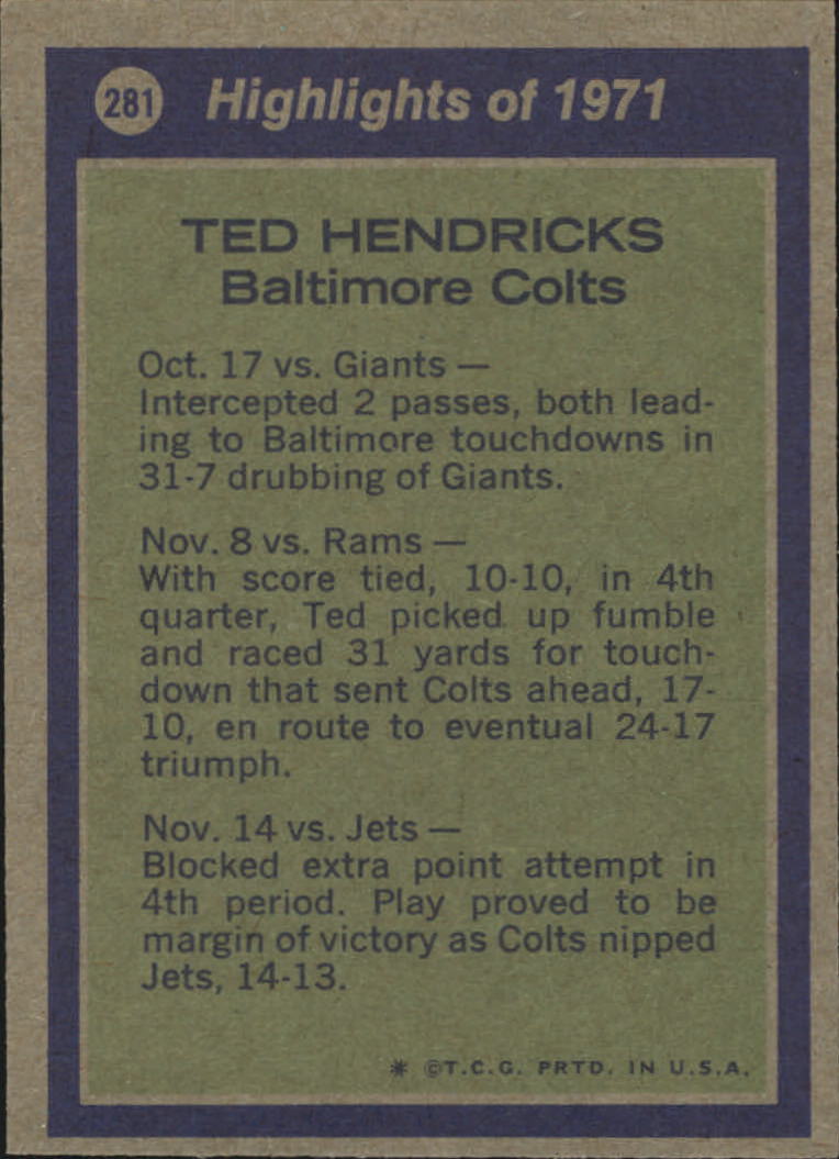 1972 Topps #281 Ted Hendricks AP back image
