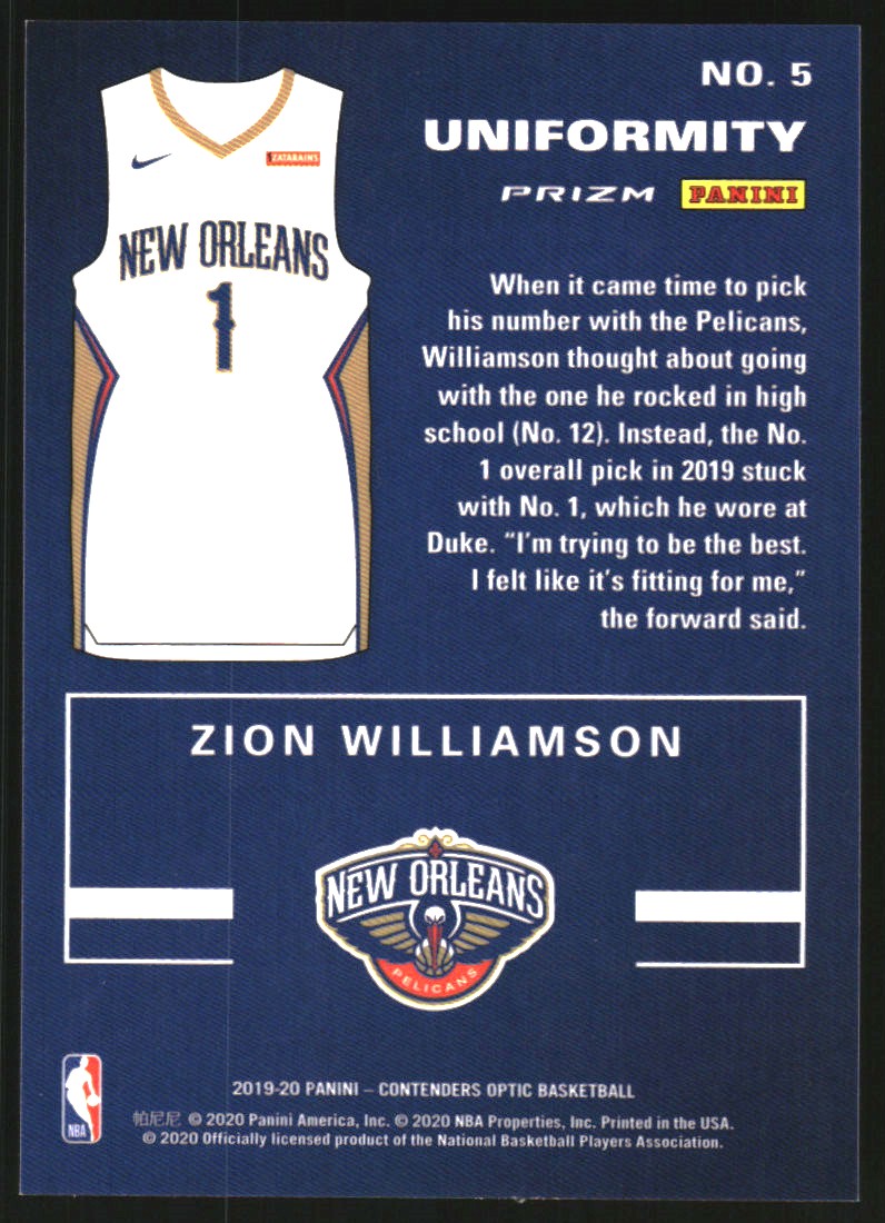 2019-20 Panini Contenders Optic Uniformity #5 Zion Williamson
