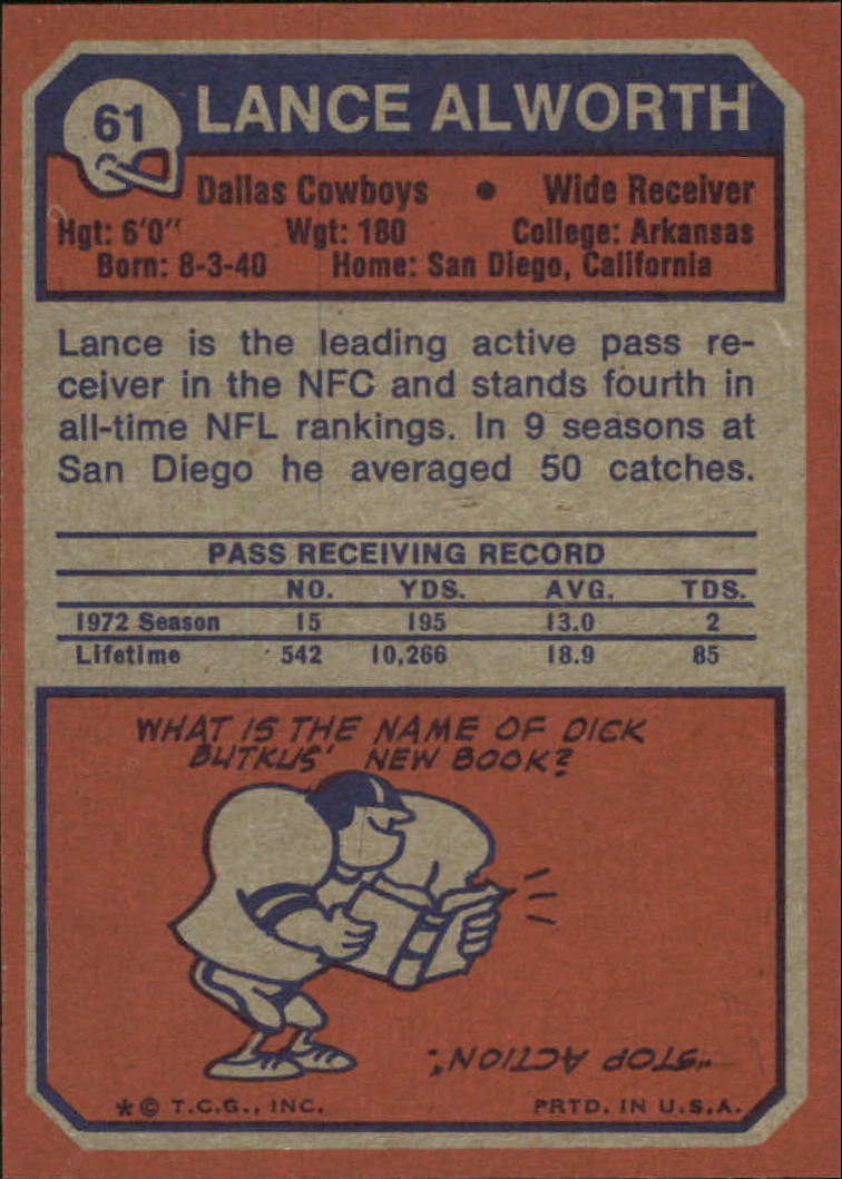 1973 Topps #61 Lance Alworth back image
