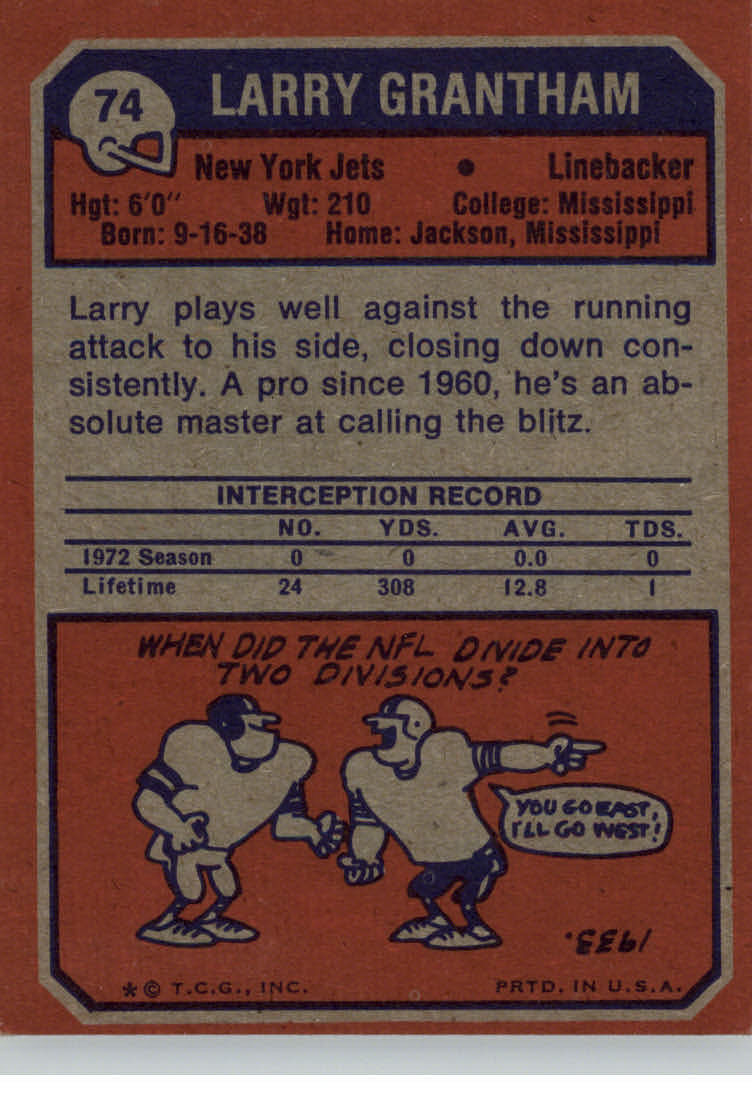 1973 Topps #74 Larry Grantham back image