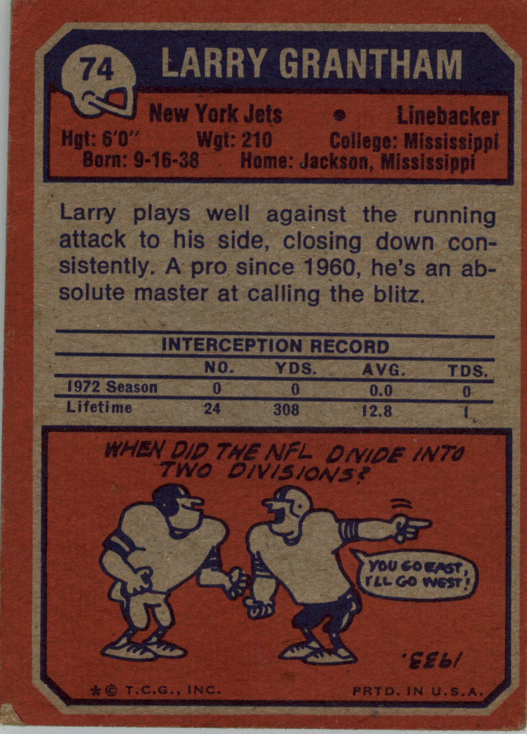 1973 Topps #74 Larry Grantham back image