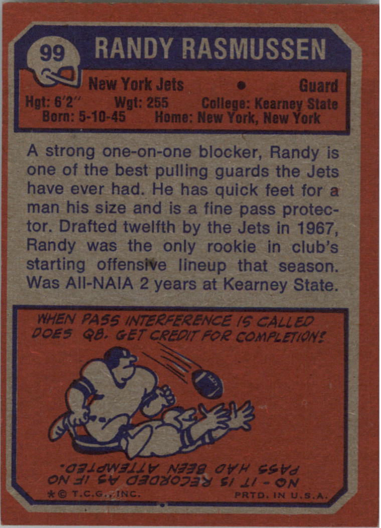 1973 Topps #99 Randy Rasmussen RC back image