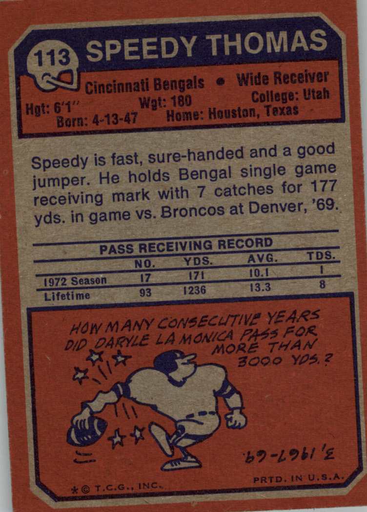 1973 Topps #113 Speedy Thomas RC back image
