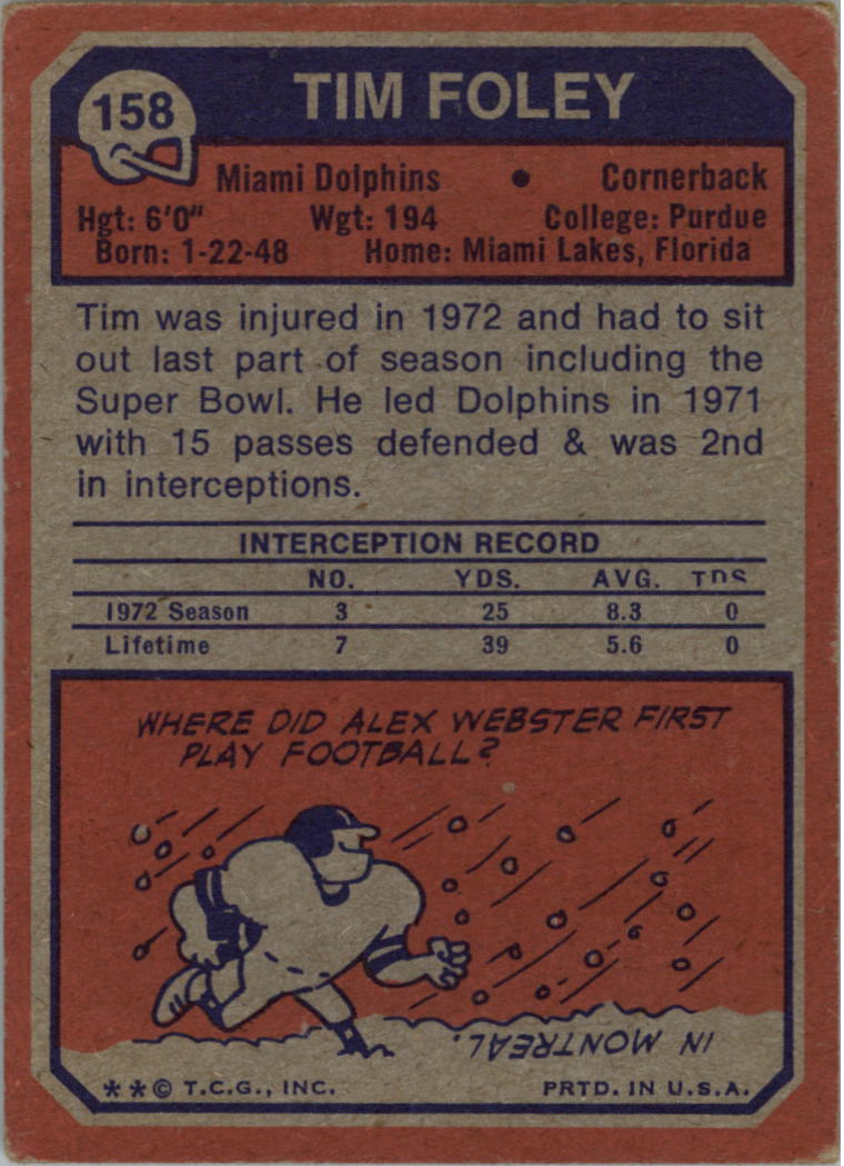 1973 Topps #158 Tim Foley RC back image