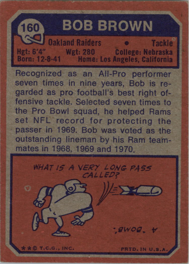 1973 Topps #160 Bob Brown OT back image