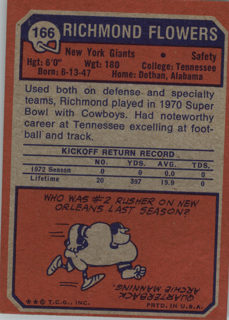 1973 Topps #166 Richmond Flowers RC back image