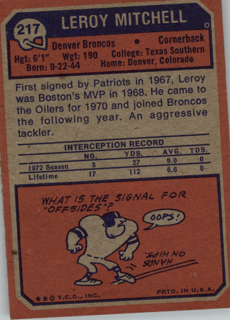 1973 Topps #217 Leroy Mitchell back image