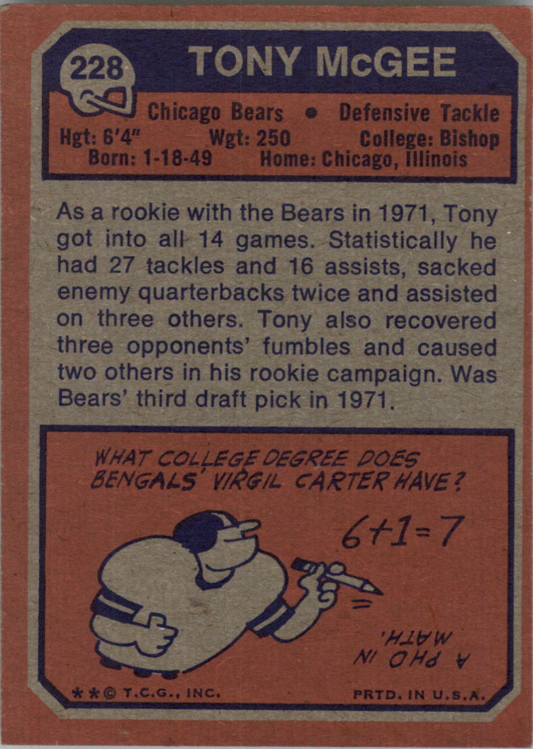 1973 Topps #228 Tony McGee DT RC back image