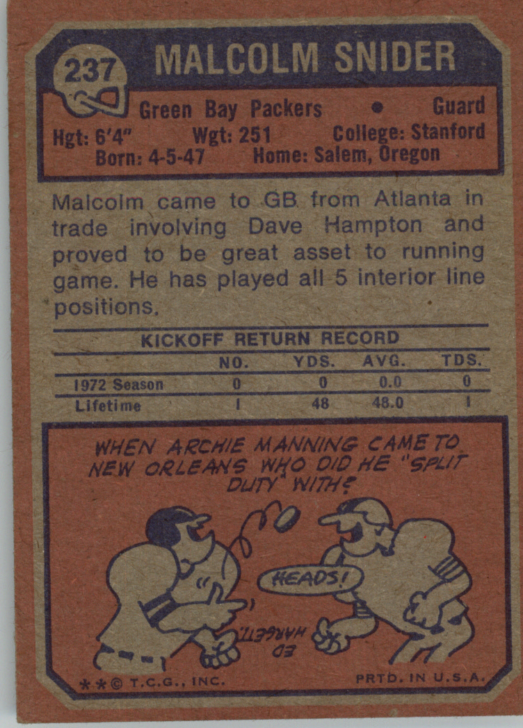 1973 Topps #237 Malcolm Snider RC back image