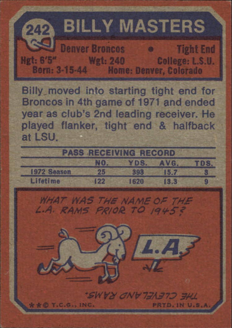 1973 Topps #242 Billy Masters RC back image