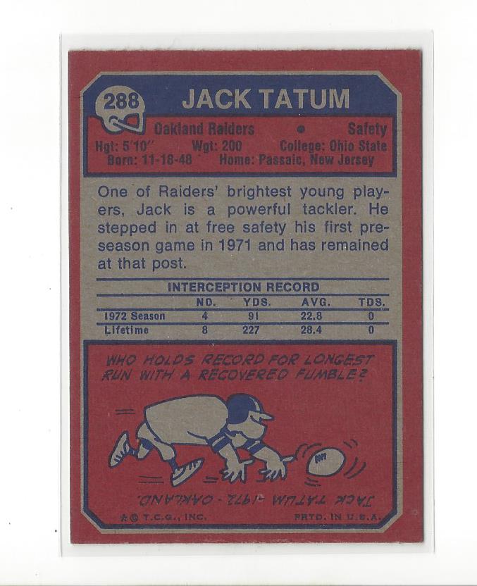 1973 Topps #288 Jack Tatum RC back image