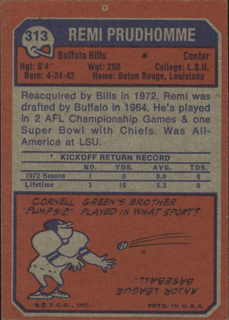 1973 Topps #313 Remi Prudhomme RC back image