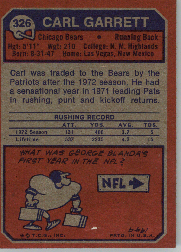 1973 Topps #326 Carl Garrett back image
