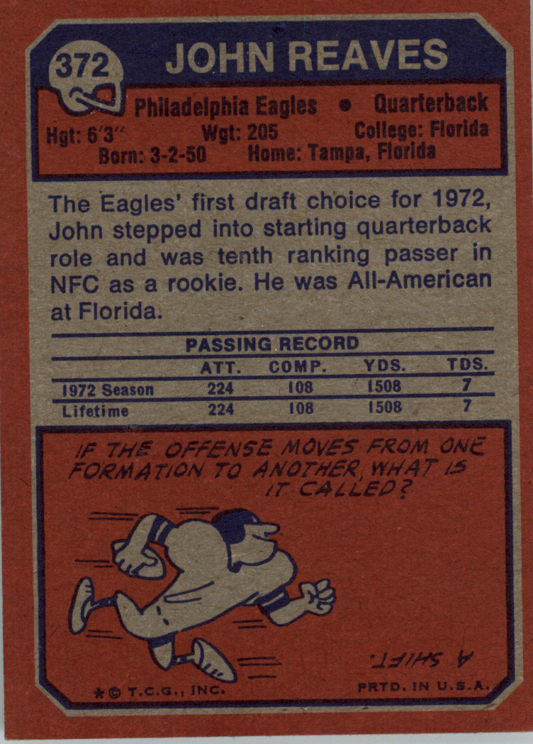 1973 Topps #372 John Reaves RC back image
