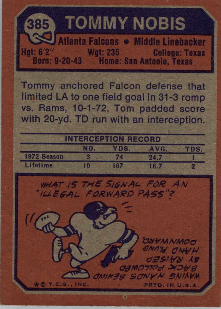 1973 Topps #385 Tommy Nobis back image