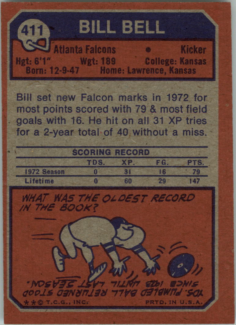 1973 Topps #411 Bill Bell K RC back image