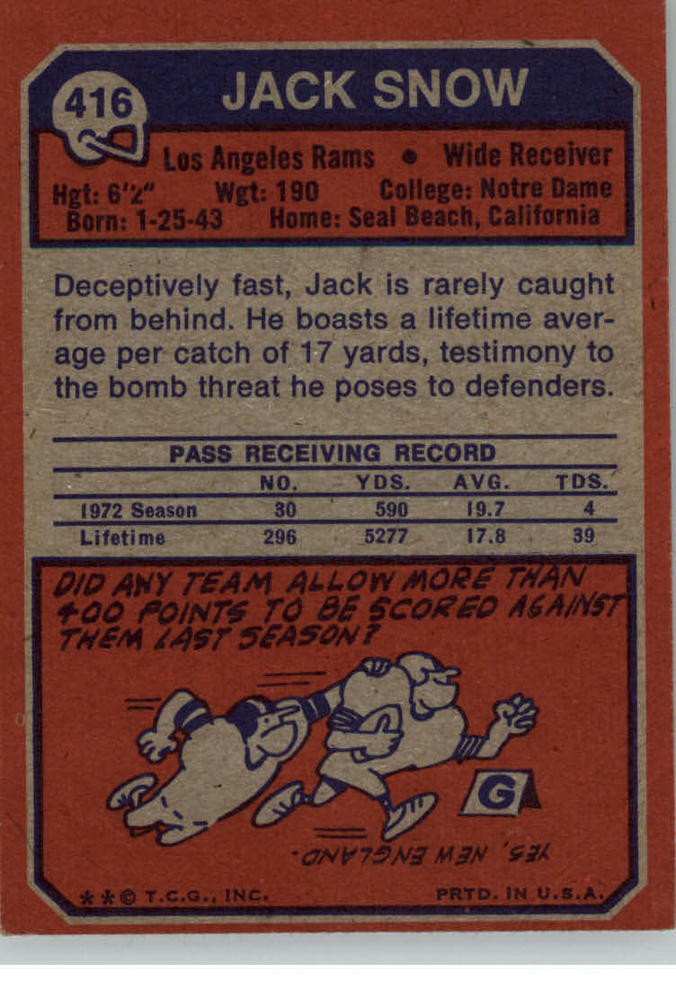 1973 Topps #416 Jack Snow back image