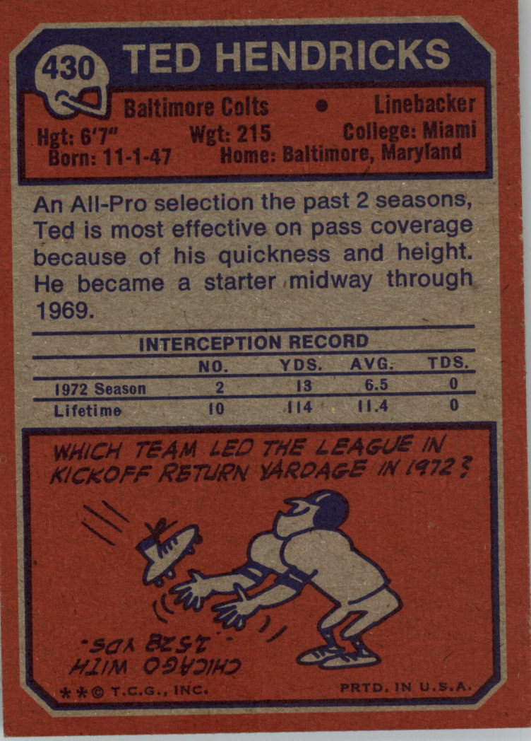 1973 Topps #430 Ted Hendricks back image