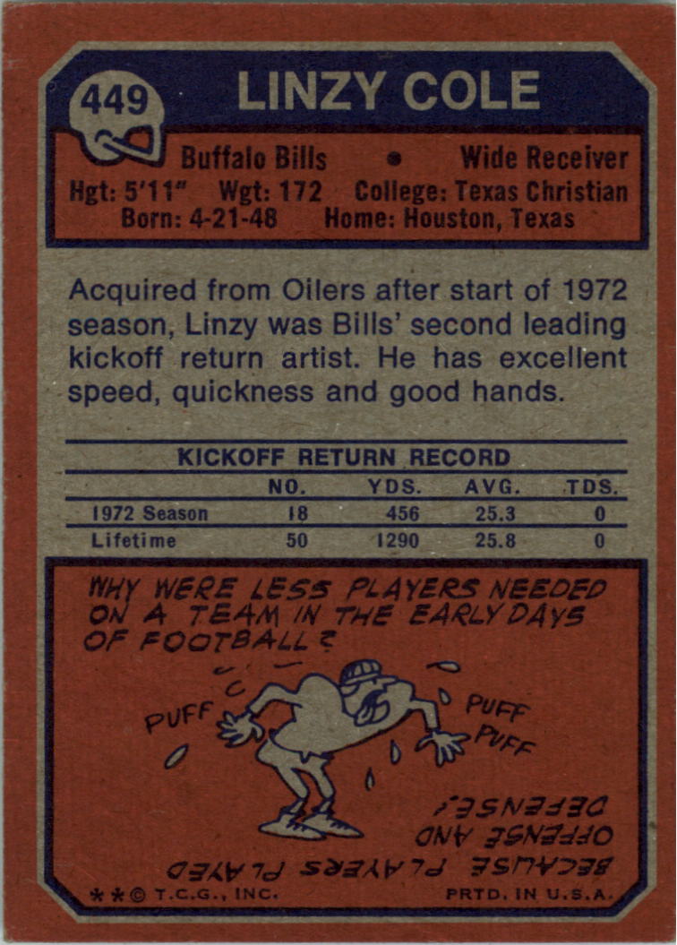 1973 Topps #449 Linzy Cole back image