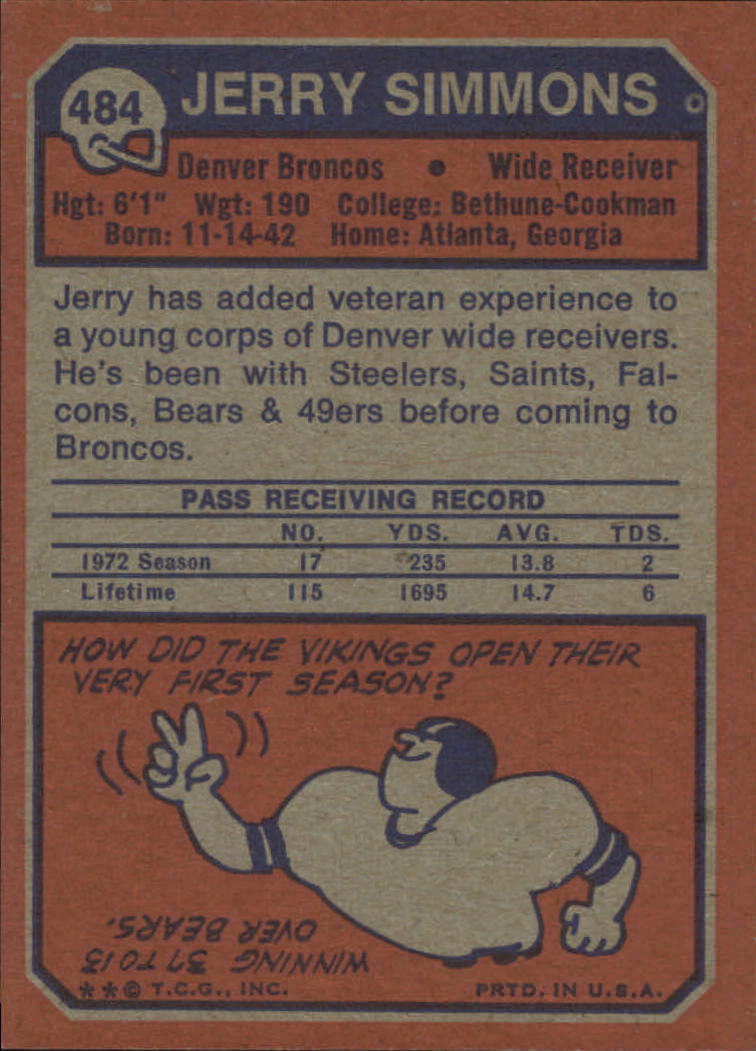 1973 Topps #484 Jerry Simmons back image