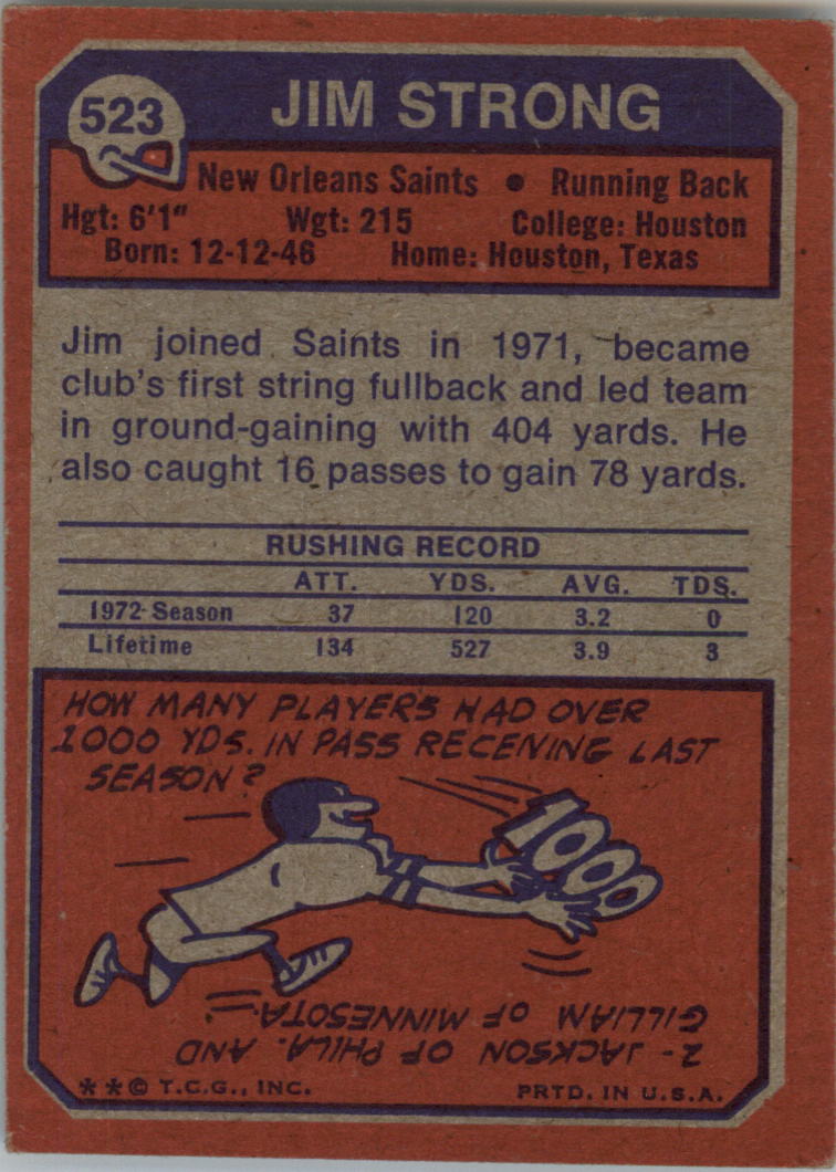 1973 Topps #523 Jim Strong RC back image