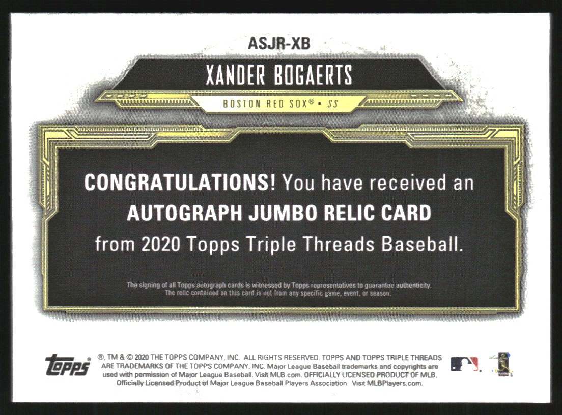 2020 Topps Triple Threads Single Jumbo Relic Autographs #ASJRXB Xander Bogaerts back image