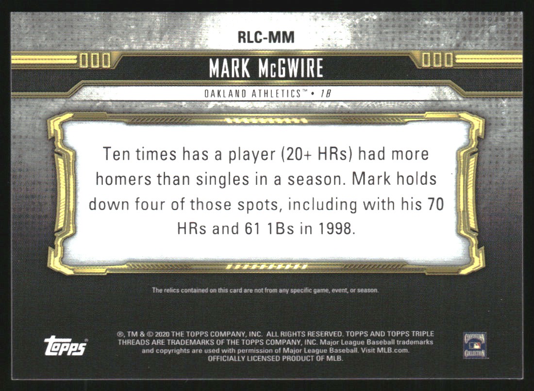 2020 Topps Triple Threads Legend Relics #RLCMM Mark McGwire back image